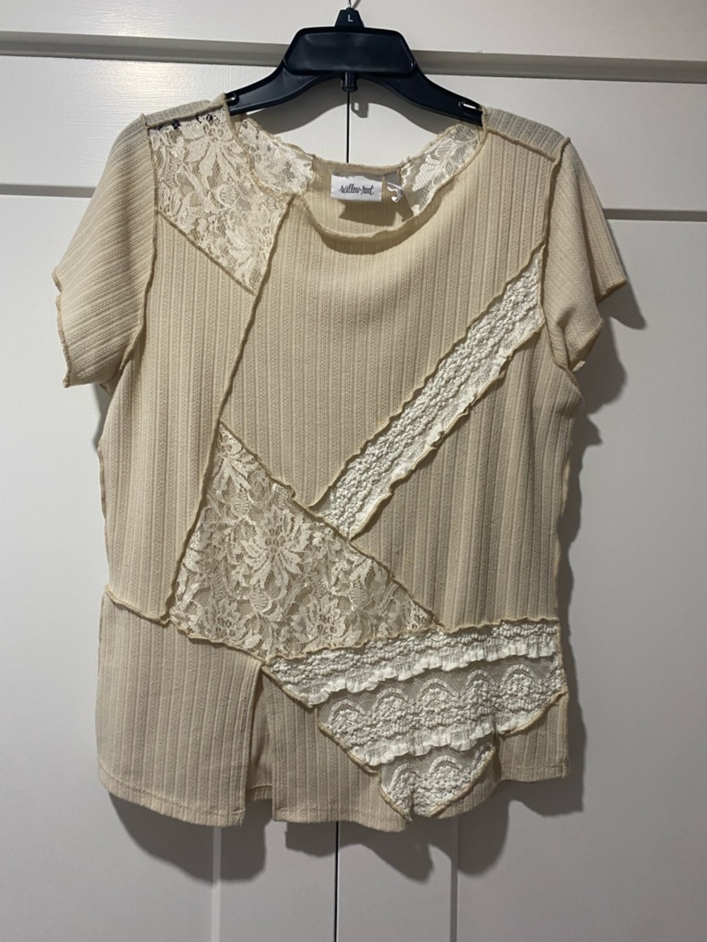 Women's Cream Lace Patchwork Short Sleeve Blouse by Adeline & Joss